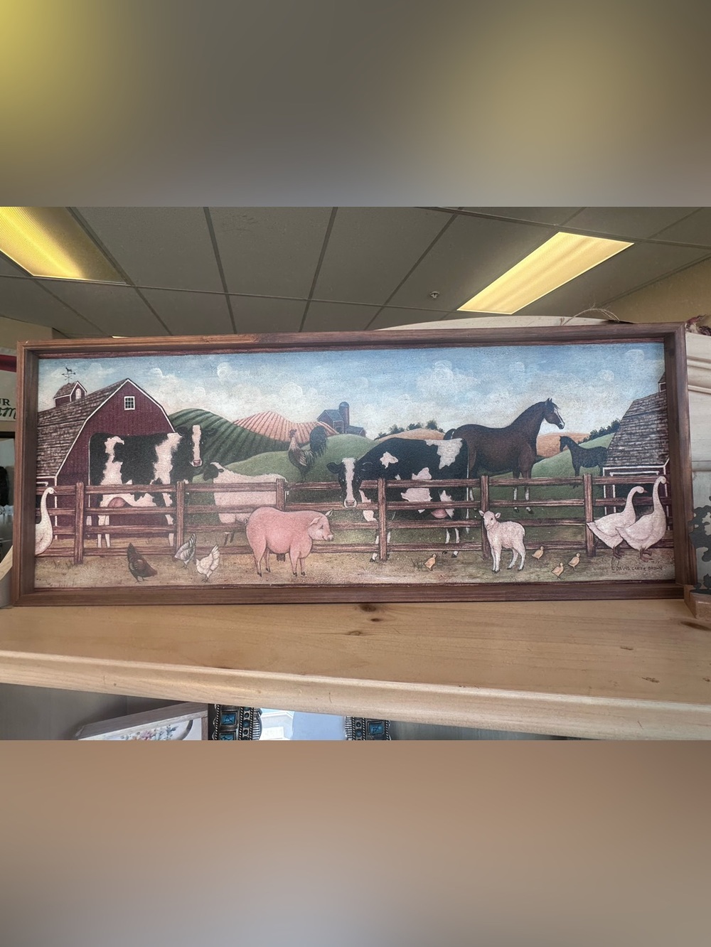 Farm Animals Framed Wall Art - Pastoral Scene in Brown, Green, Blue